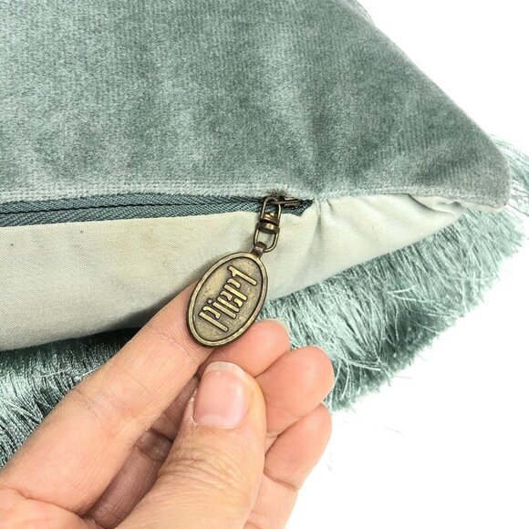 PIER 1 Throw Pillow Sage Green Iridescent 17 x 13 Ruffles Fringes Tassels Modern - Picture 4 of 6